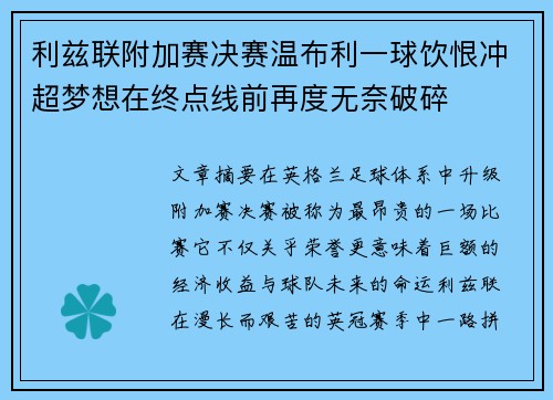 利兹联附加赛决赛温布利一球饮恨冲超梦想在终点线前再度无奈破碎